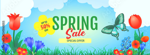 Spring sale banner with blooming garden flowers, blue sky and clouds background. Red tulips and poppies blossom. Vector illustration with copy space. Special offer promo, web header, event invitation.