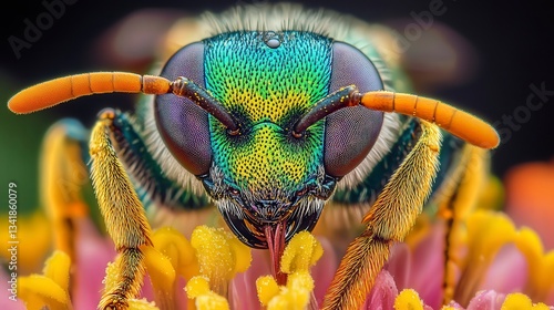close up of bee on the flower, bee on flower in the nature