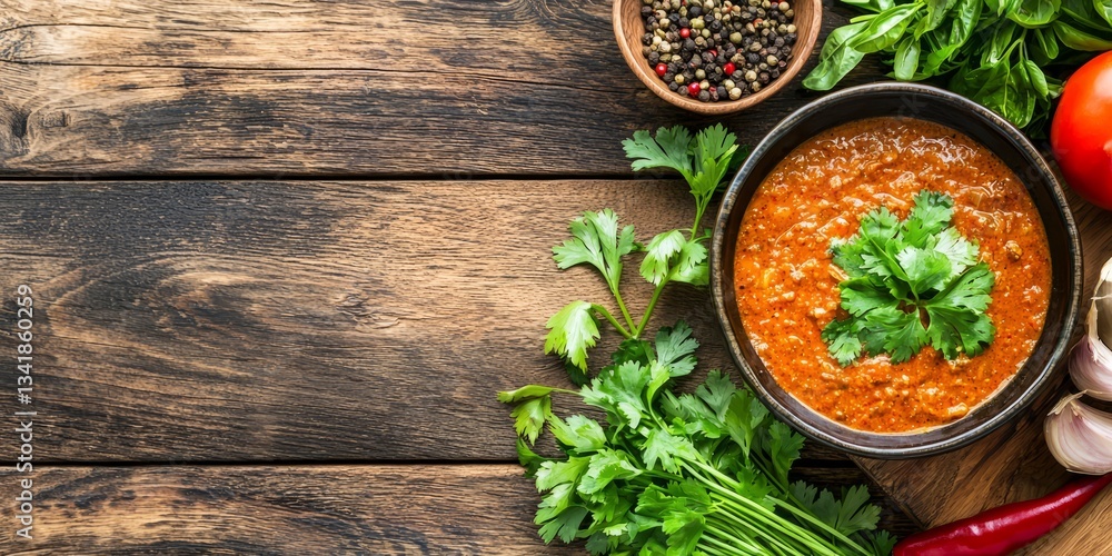 Fresh Ingredients Surrounding Bowl of Spicy Tomato Sauce on Table Fresh Ingredients Surrounding Bowl of Spicy Tomato Sauce on Table