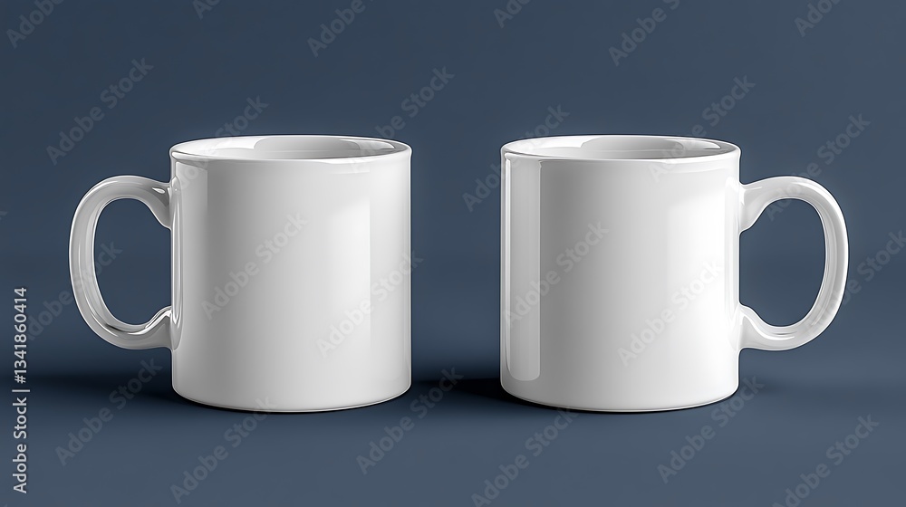 Two blank white mugs on dark background. Two blank white mugs on dark background.