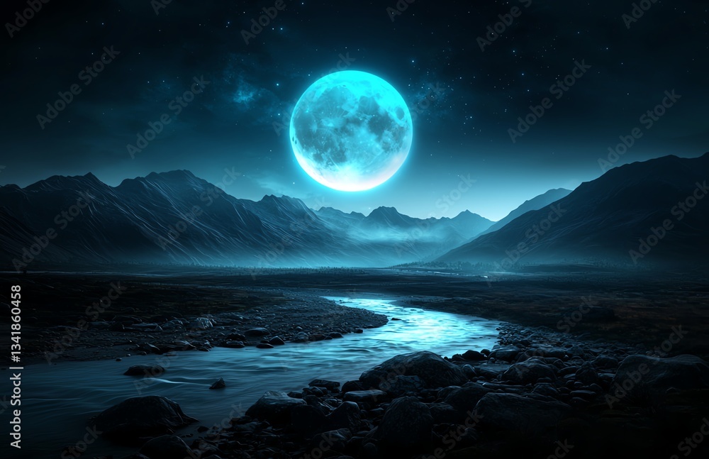 A breathtaking night scene featuring a luminous blue moon over serene mountains and a tranquil river, creating a magical atmosphere ideal for relaxation and inspiration. A breathtaking night scene featuring a luminous blue moon over serene mountains and a tranquil river, creating a magical atmosphere ideal for relaxation and inspiration.