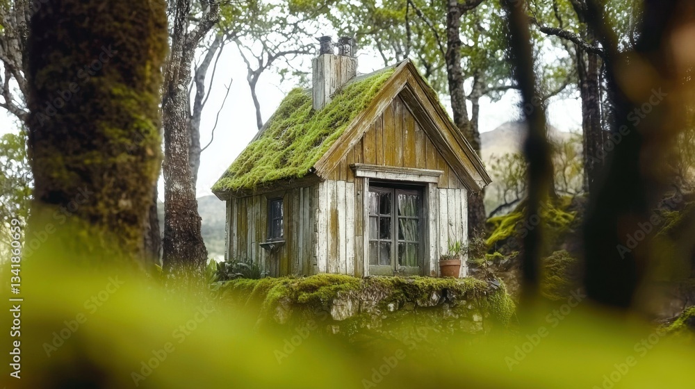 Moss-covered wooden cabin nestled amidst lush forest. Moss-covered wooden cabin nestled amidst lush forest.