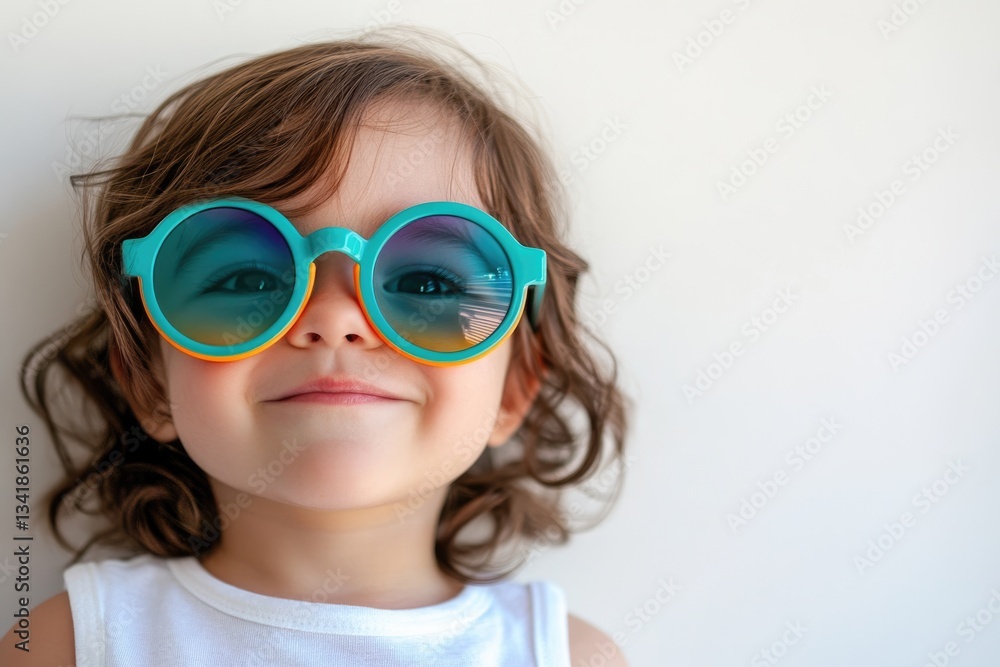 A toddler with brown curly hair smiles while wearing oversized teal and orange sunglasses. A toddler with brown curly hair smiles while wearing oversized teal and orange sunglasses.