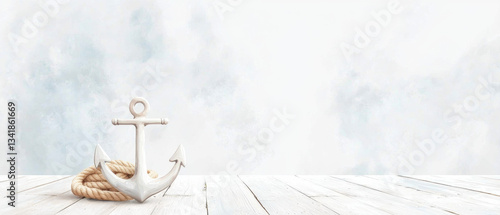 marine anchor with rope wrapped around it, set against soft watercolor background, evokes sense of calm and nautical charm