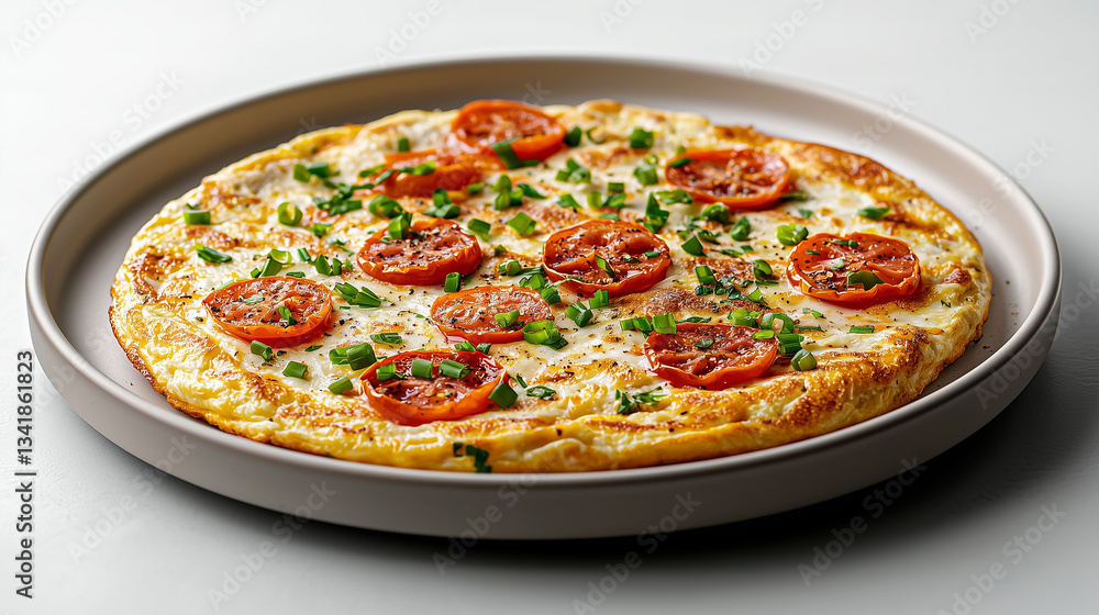 Omelette on a Plate with Green Onions and Tomatoes, Isolated on White Background Omelette on a Plate with Green Onions and Tomatoes, Isolated on White Background
