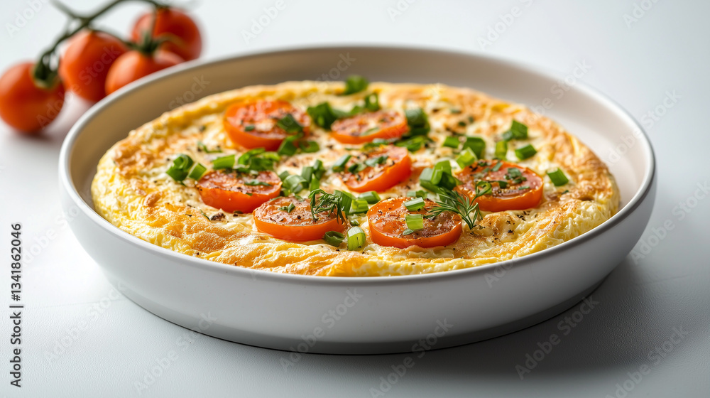 Omelette on a Plate with Green Onions and Tomatoes, Isolated on White Background Omelette on a Plate with Green Onions and Tomatoes, Isolated on White Background