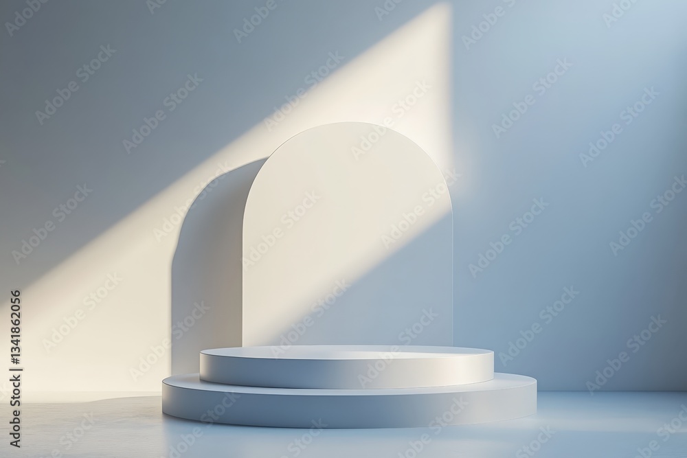 Fototapeta premium A minimal white pedestal with a natural light illuminating the scene