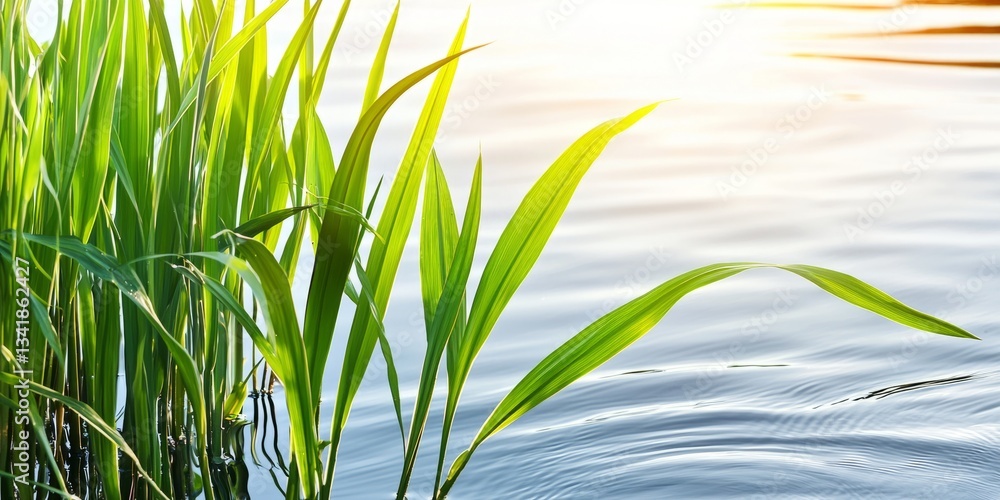 Obraz premium Fresh Green Grass Blades Against Calm Water Surface in Sunlight