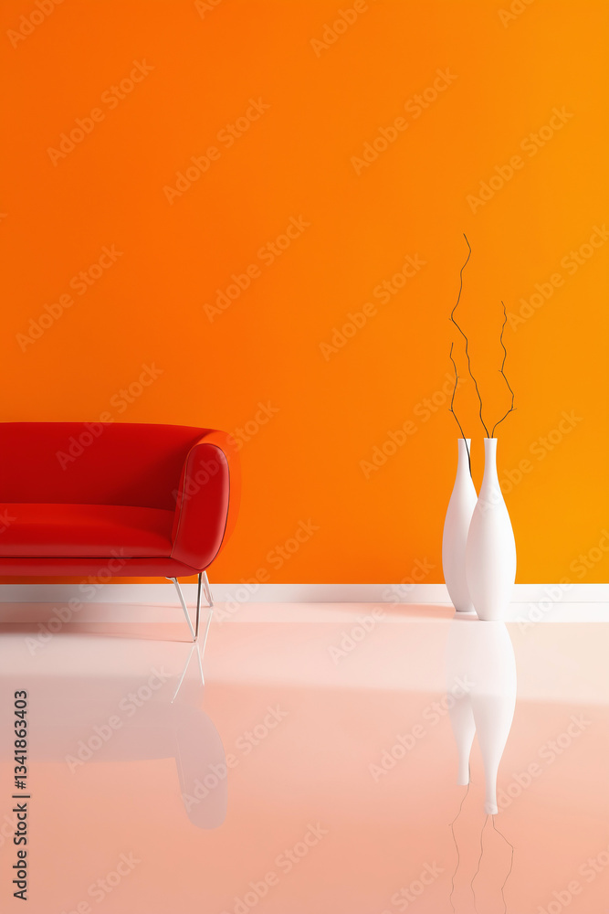 red modern chair in Room with orange wall and stylish vases