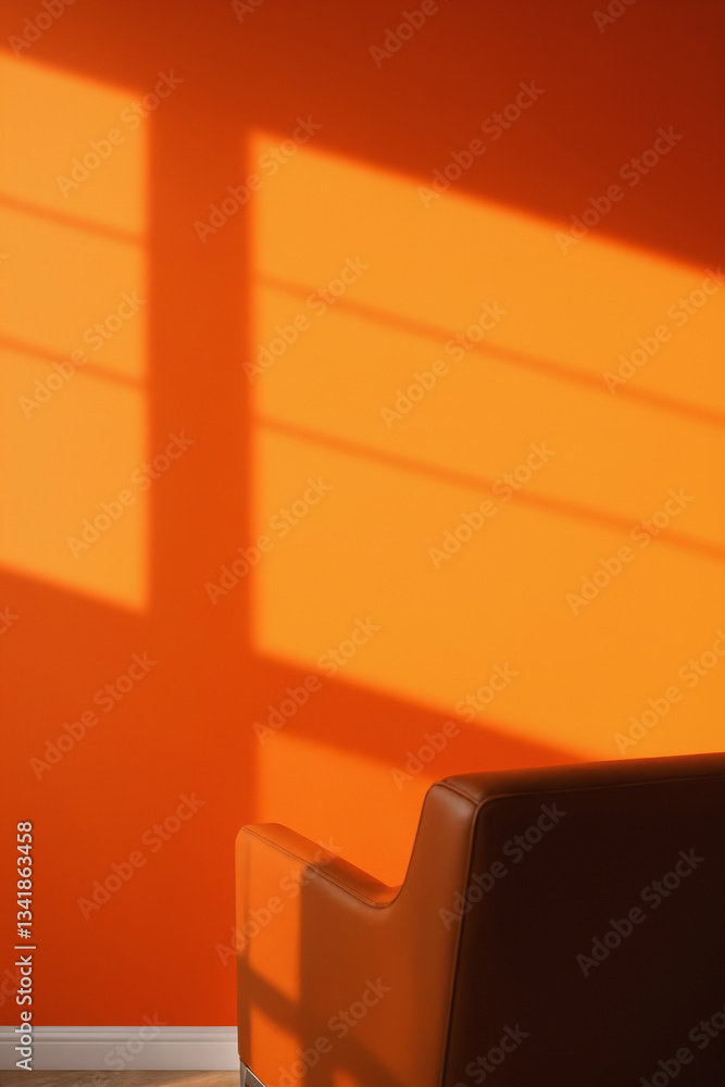 red modern chair in Room and orange wall with sunlight shadows. minimalistic background