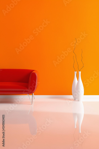 Obraz na płótnie red modern chair in Room with orange wall and stylish vases w salonie