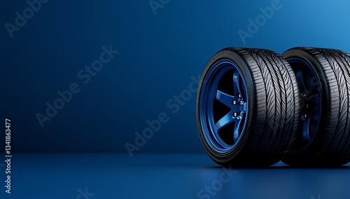 A pair of sleek, blue racing tires positioned against a smooth blue background. The modern design emphasizes speed and performance, ideal for automotive enthusiasts and marketing.