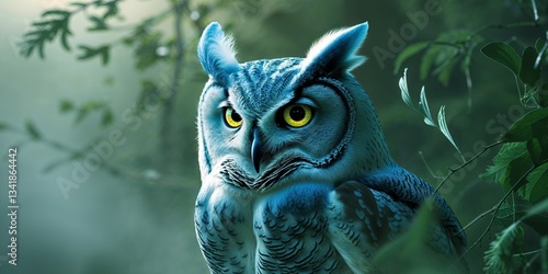 Enigmatic Blue Owl with Striking Eyes Amidst Lush Green Background.