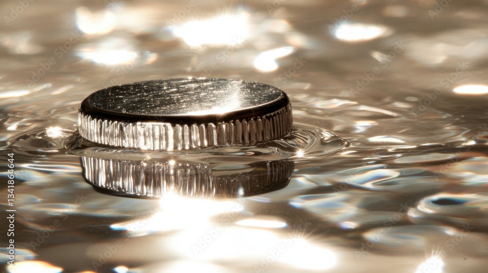 Coin Floating on Water Surface with Reflections and Light Effects Coin Floating on Water Surface with Reflections and Light Effects