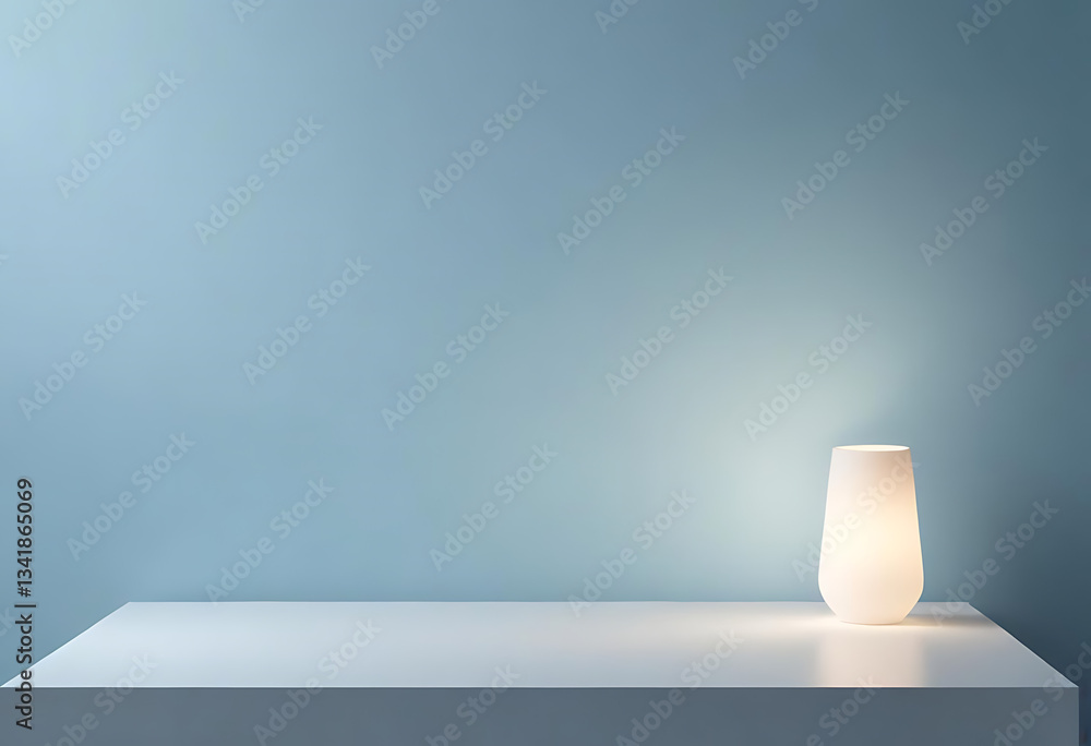 Minimalist scene with white vase and blue backdrop Minimalist scene with white vase and blue backdrop
