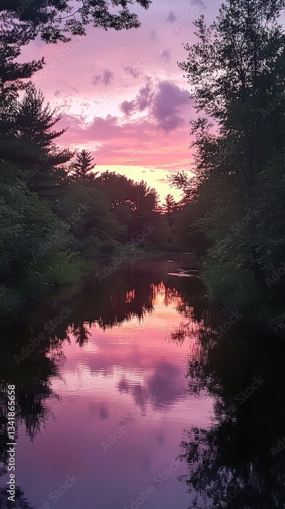Fototapeta premium Serene twilight reflections on the tranquil water, framed by lush forest