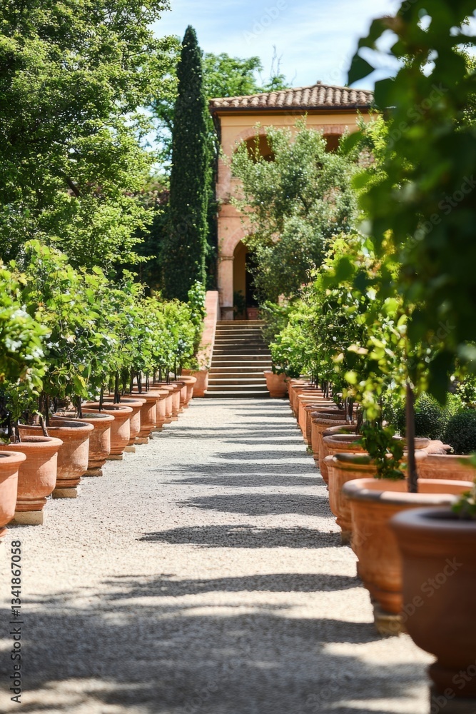 Fototapeta premium Beautiful garden pathway lined with terracotta pots leading to an elegant villa surrounded by lush greenery and tall trees in the afternoon light