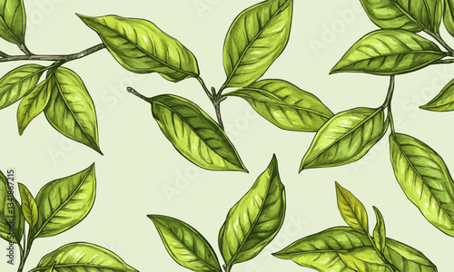 seamless pattern with green hand drawn tea leaves and branches isolated on white background.