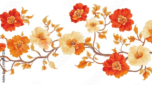 Floral border with orange and cream blossoms on brown branches