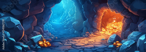 showing a copper ore mine tunnel, a cave entrance adorned with glowing gold pieces, silver ingots set in a rock, and stone shaft walls, designed as a cartoon game background