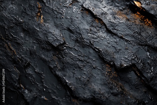 Dark, textured rock surface with pools of liquid, illuminated by golden accents.
