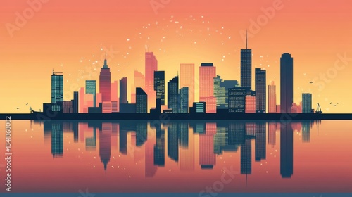 City skyline reflecting on water during sunset with vibrant colors highlighting modern urban architecture and a serene atmosphere