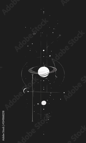 A minimalist abstract vector design of the galaxy, using simple points, lines, and planes to represent stars and celestial bodies