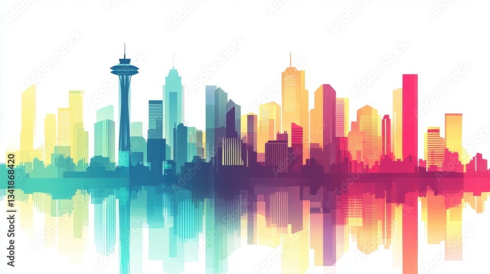 Urban skyline showcases vibrant city energy with simplified flat colors reflecting modern architecture and innovation throughout the day Urban skyline showcases vibrant city energy with simplified flat colors reflecting modern architecture and innovation throughout the day