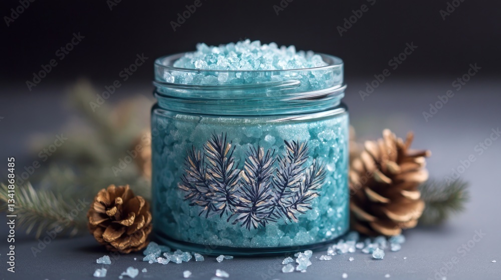 Jar of invigorating blue bath salts with pine and serene wellness vibe Jar of invigorating blue bath salts with pine and serene wellness vibe