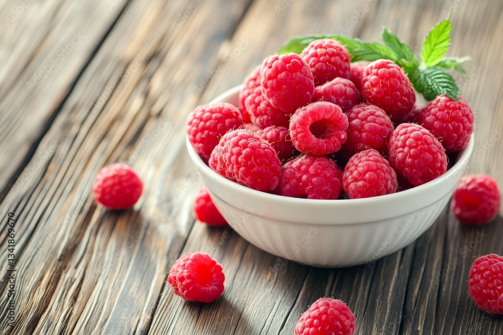 Ripe raspberries in white bowl on wood background. Fresh berries. Bowl full of healthy summer fresh organic raspberries on wooden surface. Raspberry banner and copy space. High angle view of fruits Ripe raspberries in white bowl on wood background. Fresh berries. Bowl full of healthy summer fresh organic raspberries on wooden surface. Raspberry banner and copy space. High angle view of fruits