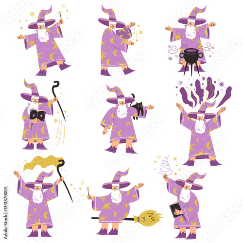Wizard Man Character in Purple Gown and Hat Vector Set