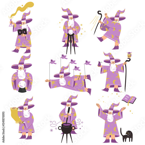 Wizard Man Character in Purple Gown and Hat Vector Set