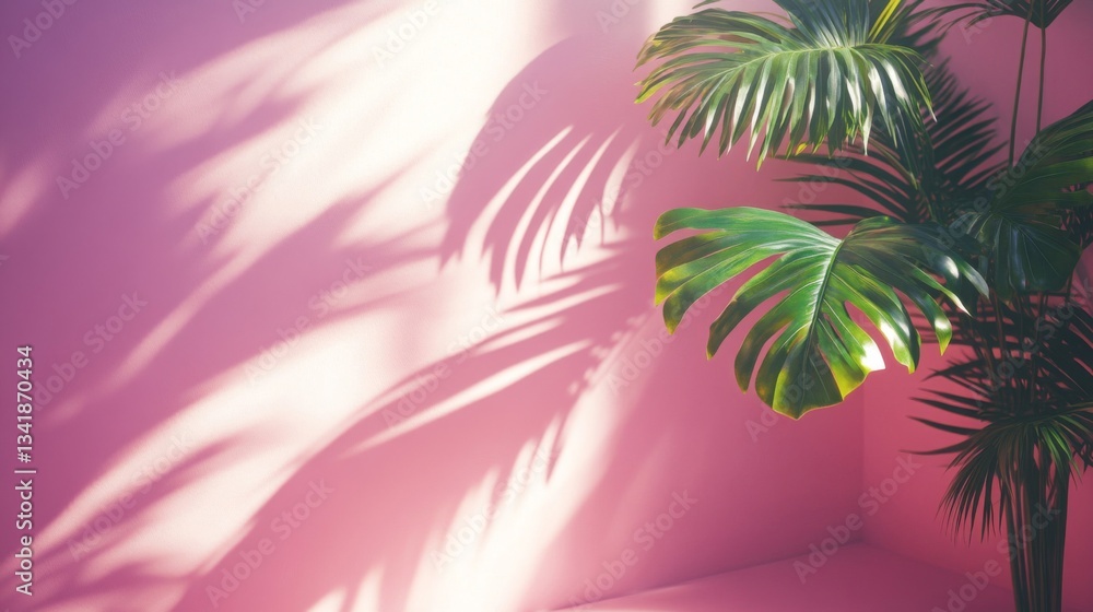 Naklejka premium Pink Wall with Tropical Plant and Sunlight Shadows
