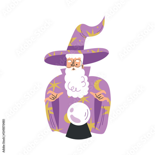 Wizard Man Character in Purple Gown and Hat with Crystal Ball Vector Illustration