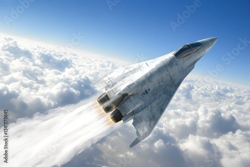 Modern fighter jet soaring through the clouds at high altitude during a clear day
