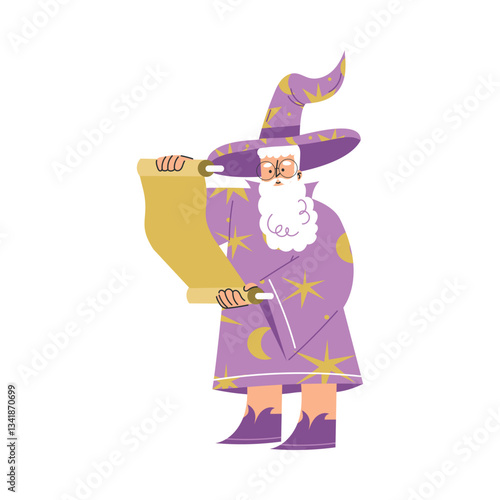 Wizard Man Character in Purple Gown and Hat with Scroll Vector Illustration