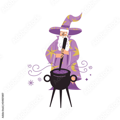 Wizard Man Character in Purple Gown and Hat Cook Potion in Cauldron Vector Illustration