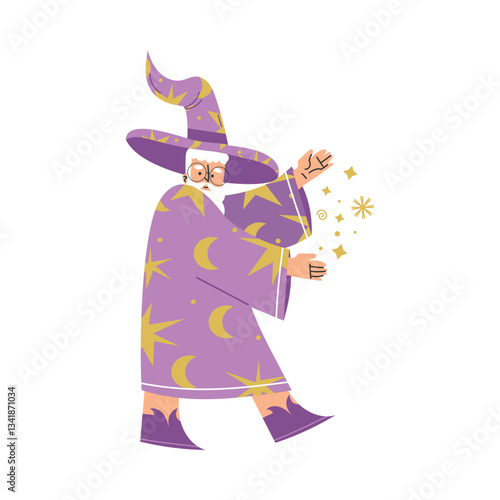 Wizard Man Character in Purple Gown and Hat Vector Illustration