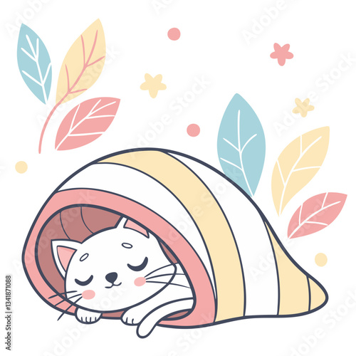 Cute Cat Sleeping in a Shell Illustration