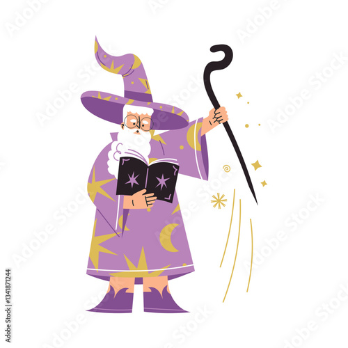 Wizard Man Character in Purple Gown and Hat with Book and Cane Vector Illustration