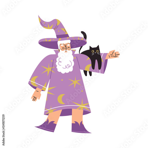Wizard Man Character in Purple Gown and Hat with Cat Vector Illustration