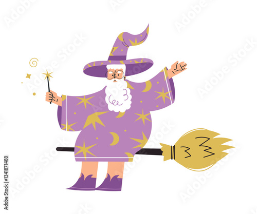 Wizard Man Character in Purple Gown and Hat with Magic Wand on Broom Vector Illustration