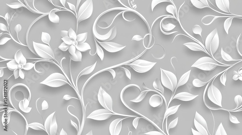 Delicate white floral pattern on a light gray background.  3D effect with scrolling vines, blossoms, and leaves