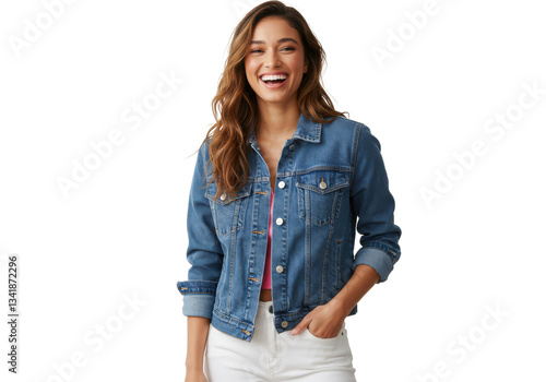 Joyful female of 20s wearing trendy denim jacket standing with hand in pocket of white jeans isolated on White background