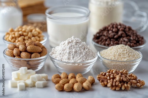 Visual Representation of Common Allergens Including Nuts, Dairy, and Gluten in Various Bowls on a Neutral Surface