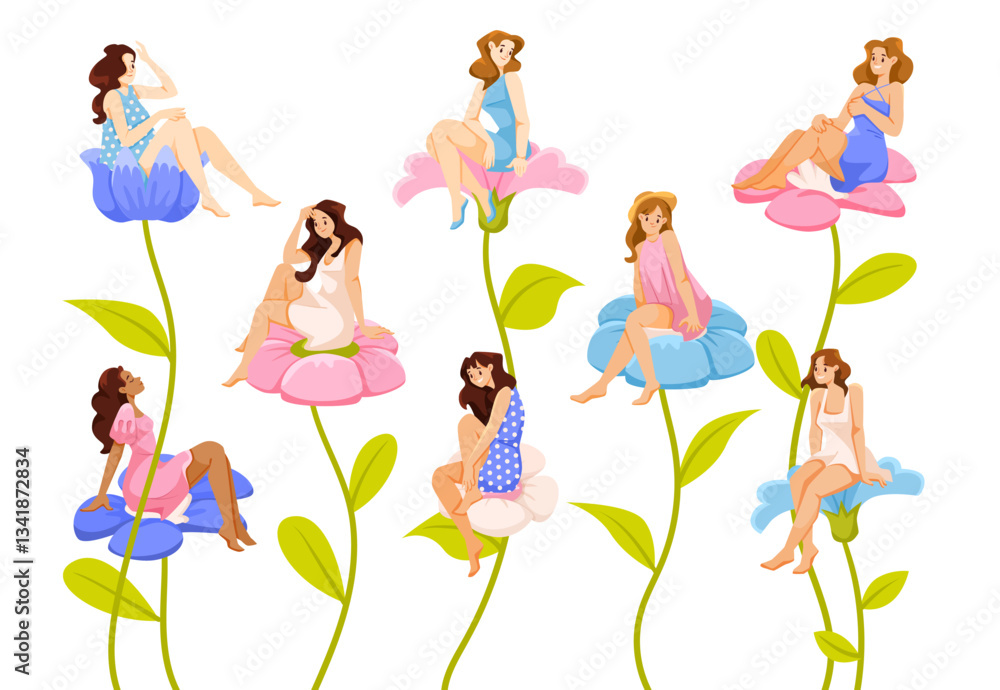Fototapeta premium Pretty Girl Sit on Flower with Stem Vector Set