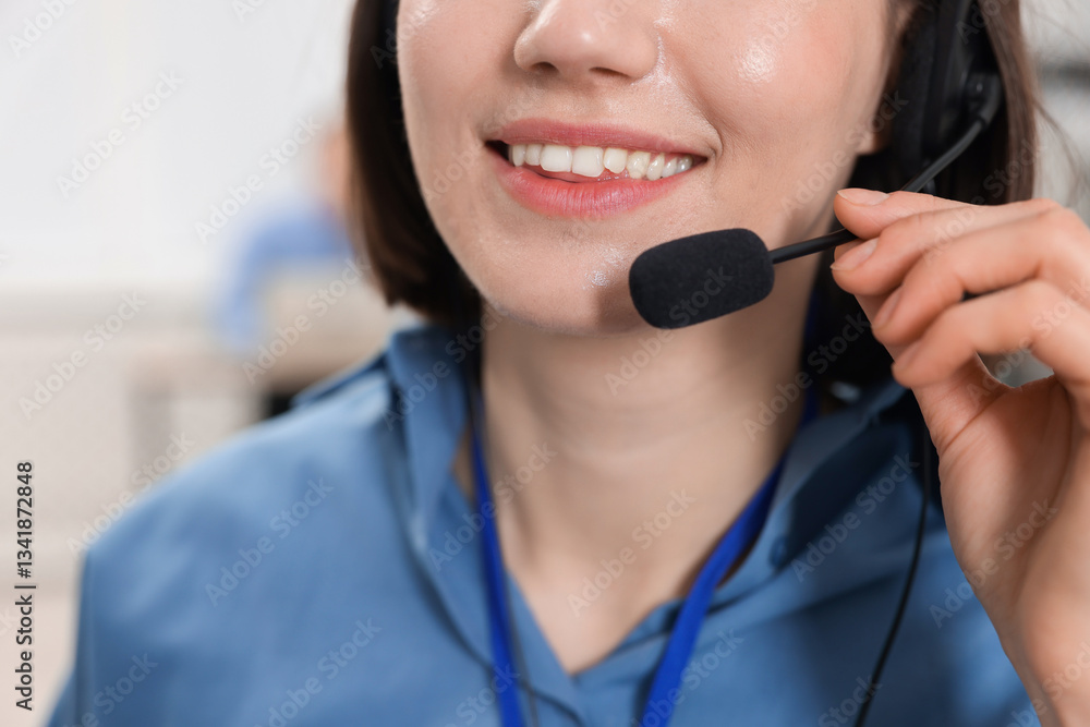 Technical support call center. Smiling operator working on blurred background, closeup Technical support call center. Smiling operator working on blurred background, closeup
