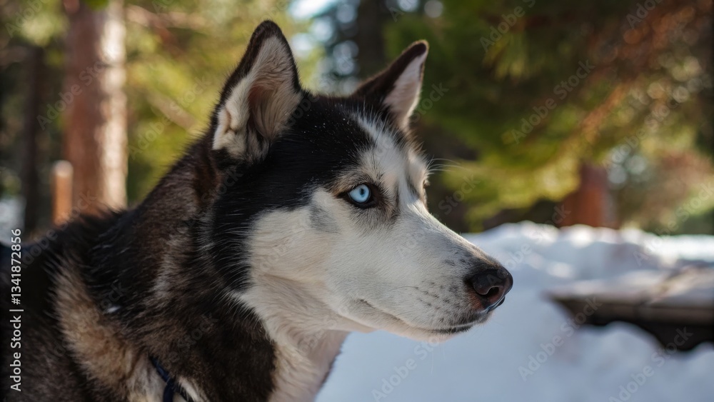 Pet Portraits Siberian Husky with striking blue eyes in a snowy forest setting. Pet Portraits Siberian Husky with striking blue eyes in a snowy forest setting.