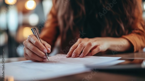 Woman carefully completing application form with pen, close-up focused perspective