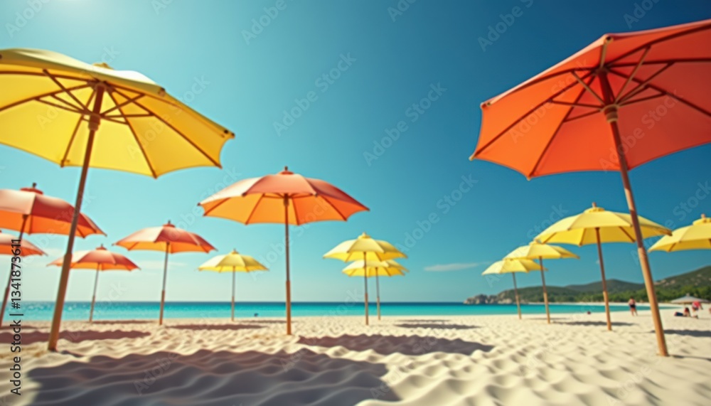 Bright beach umbrellas in vivid colors under clear blue sky Bright beach umbrellas in vivid colors under clear blue sky